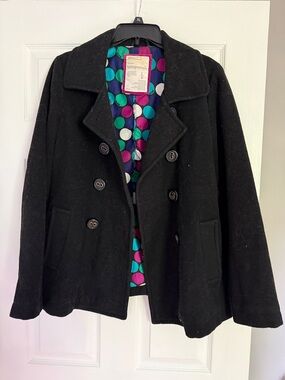 Aeropostale Black Double-Breasted Pea Coat with Colorful Polka Dot Lining